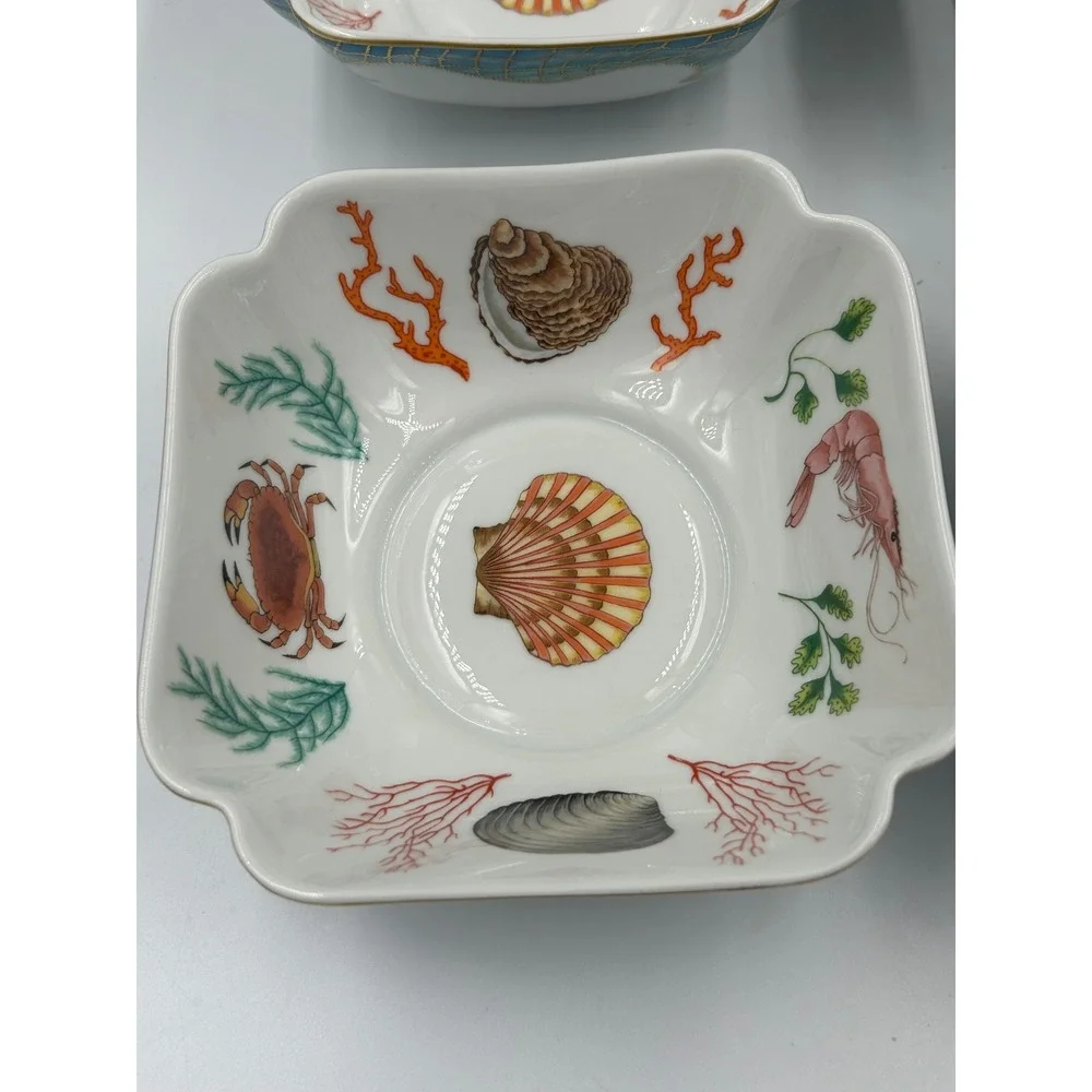 Lynn Chase Saint Tropez Porcelain Bowls 24K Gold Trim Coastal Shells Set of 6